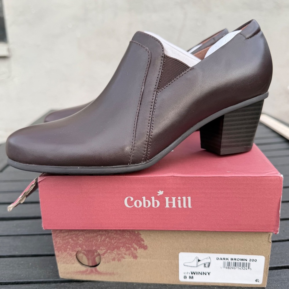 NEW Cobb Hill Winny Dark Brown Leather Ankle Boots Stacked Block Heel Booties 8M